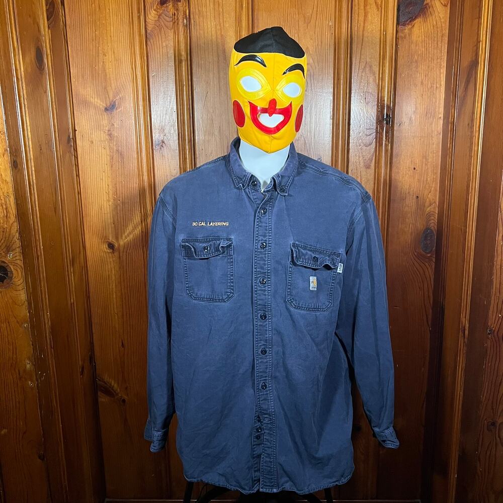 Carhartt FR 2XL Workwear Twill Button Shirt Navy Loose Fit Flame Resistant